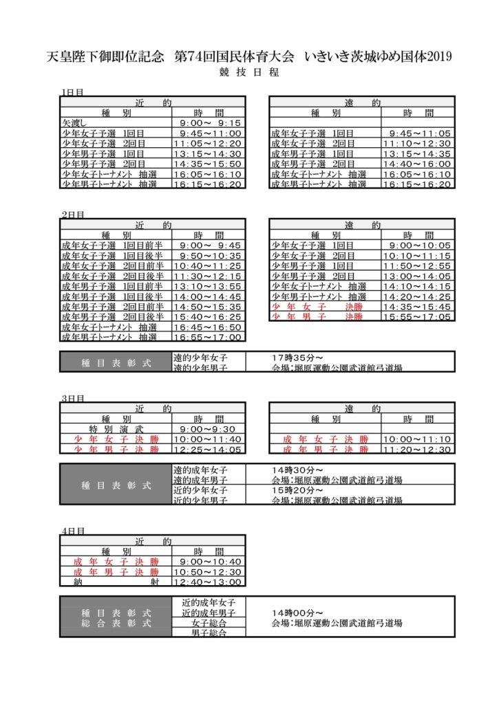 茨城国体2019　弓道競技日程