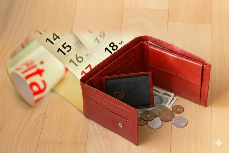赤い長財布とカレンダー１８日